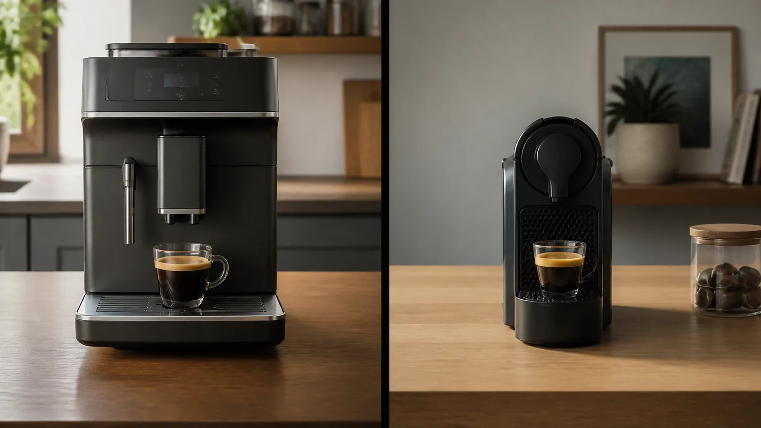 Máquina automática, cápsulas sem marca e chávena de café numa cozinha luminosa.