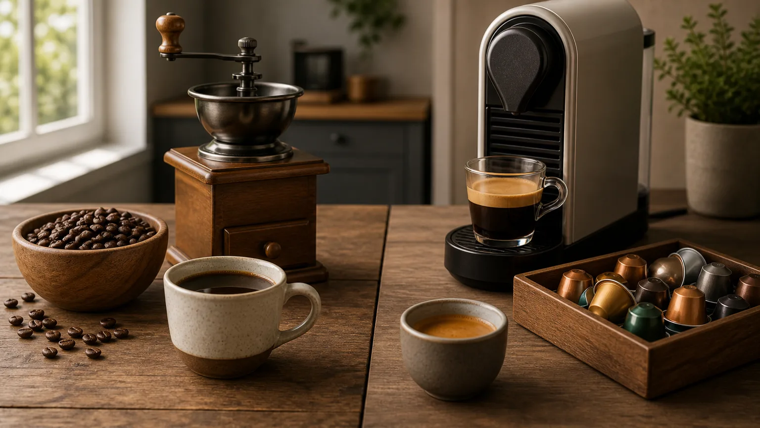 Grãos de café, cápsulas sem marca, máquina e chávena numa bancada de cozinha.