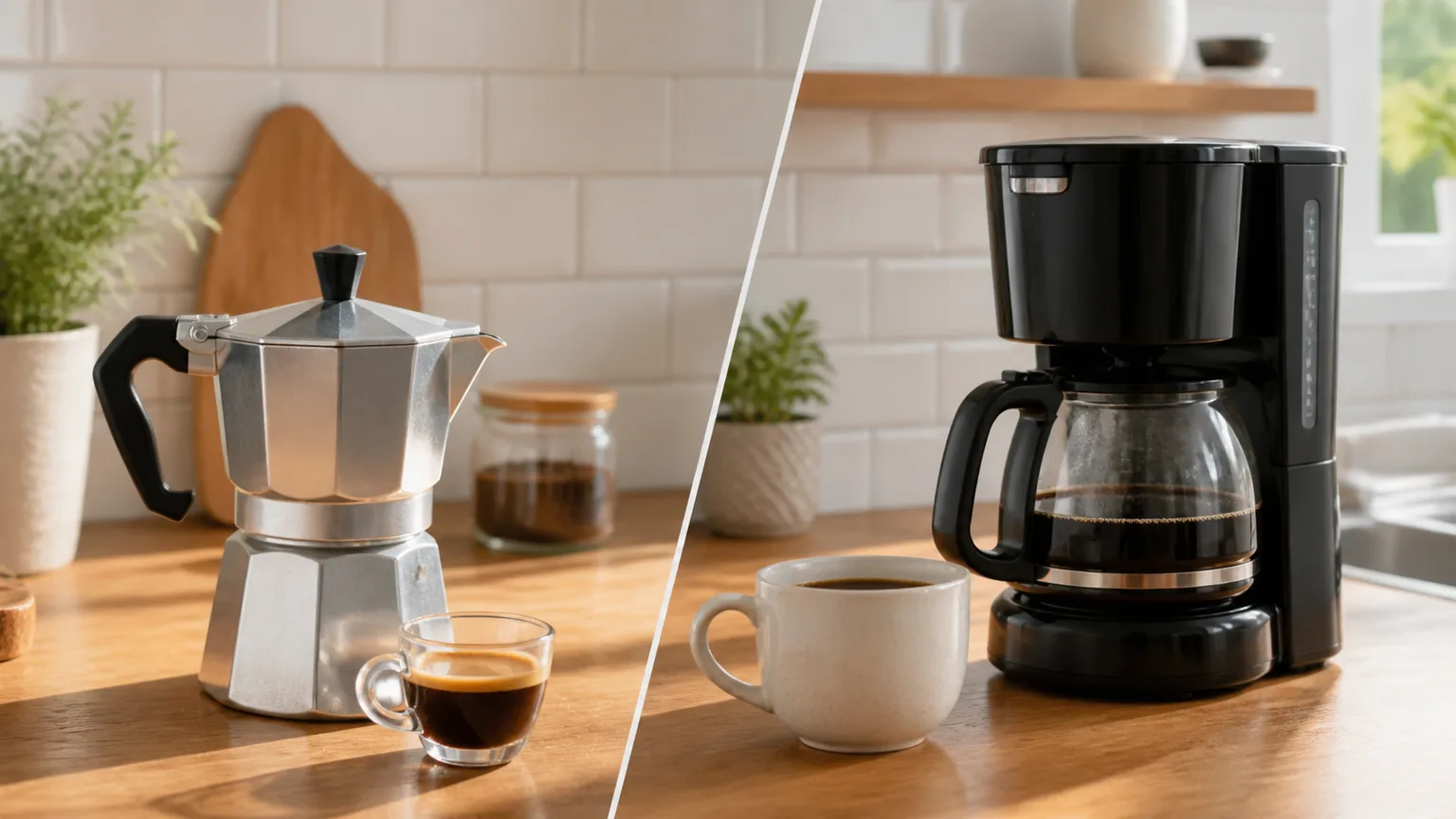 Cafeteira italiana moka e preparação de café de filtro lado a lado numa bancada.