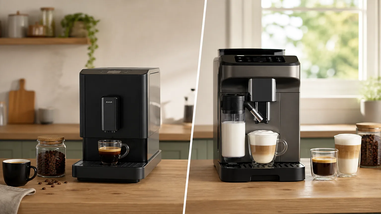 Duas máquinas automáticas sem marca lado a lado numa bancada de cozinha.
