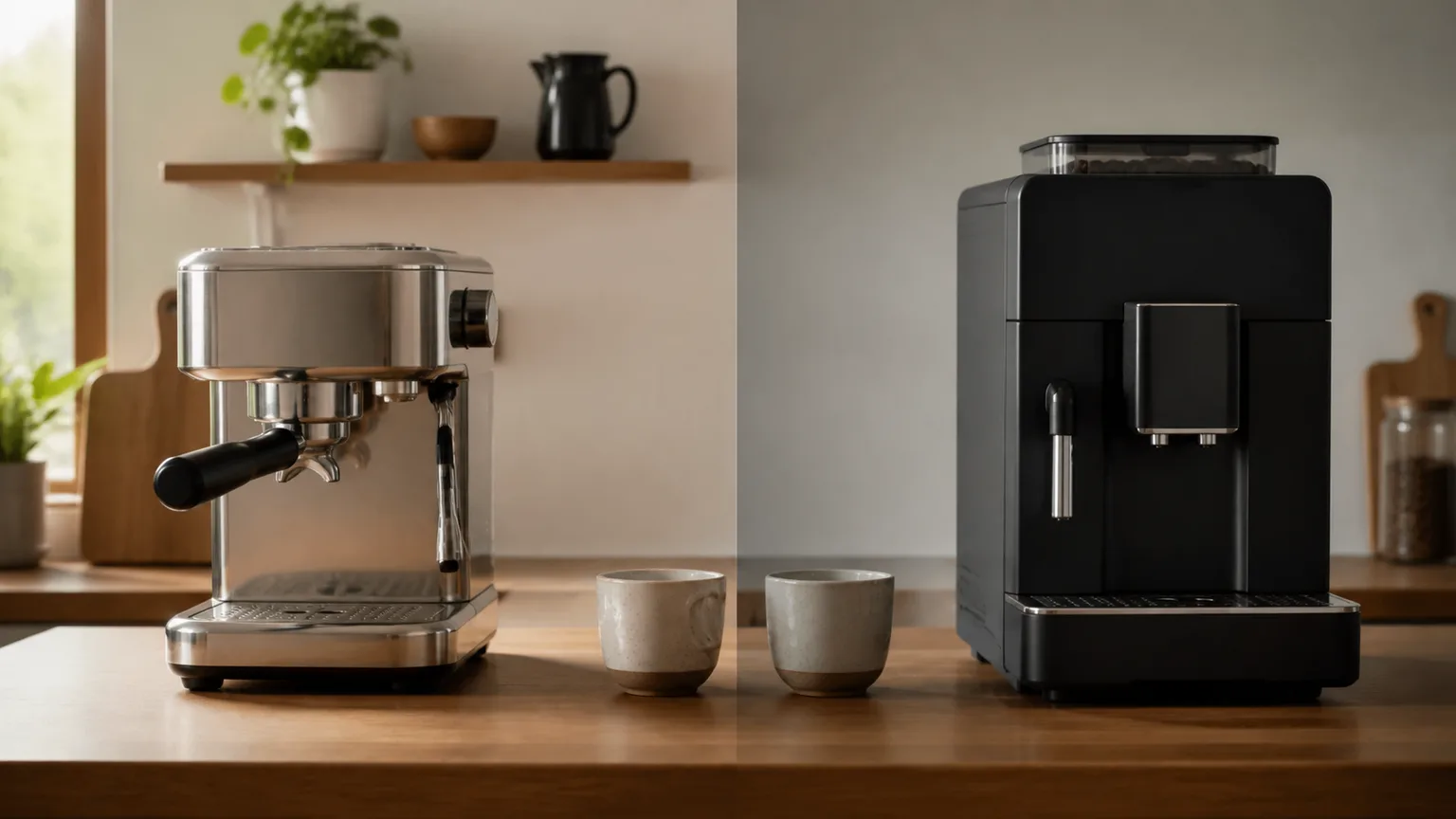 Máquina espresso manual e máquina automática lado a lado numa bancada de cozinha.