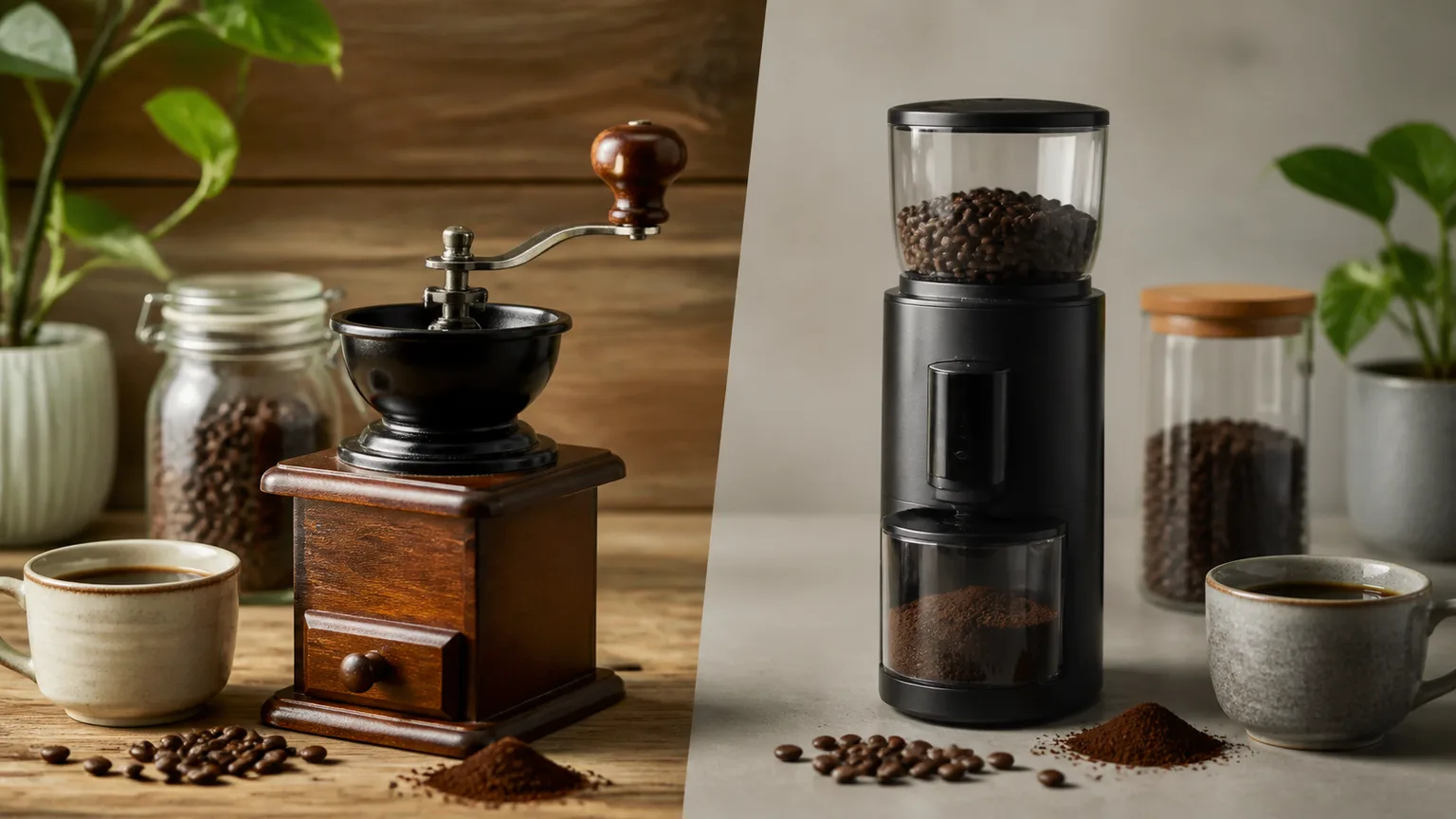 Moinhos de café, grãos e acessórios de preparação numa bancada luminosa.