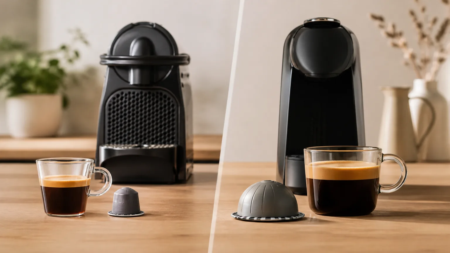 Máquina de cápsulas e cápsulas de formatos diferentes numa cozinha, sem marcas visíveis.