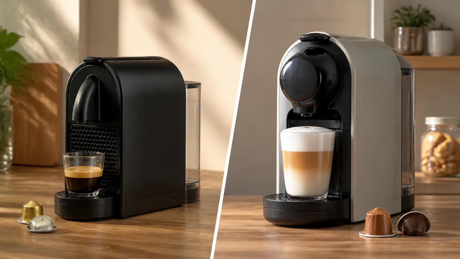 Duas máquinas de cápsulas e bebidas de volumes diferentes numa cozinha sem marcas.