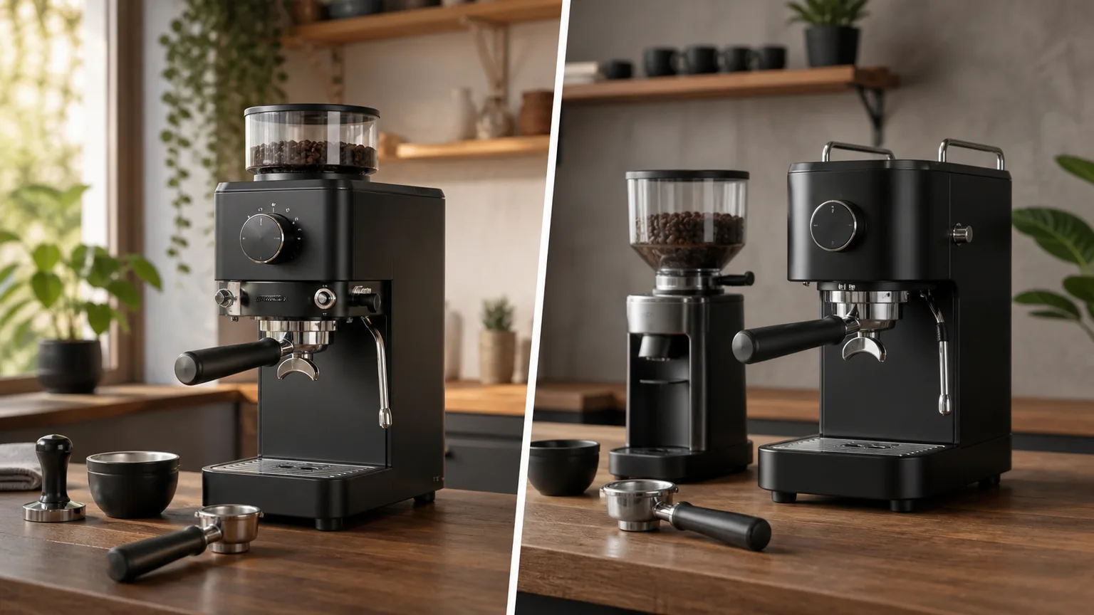 Setup espresso manual com portafiltro, moinho e chávena numa bancada escura sem marcas.