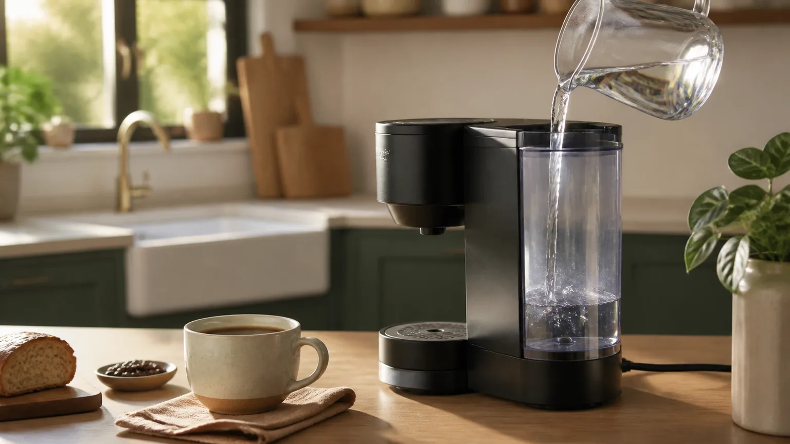 Copo de água, jarro e chávena de café numa bancada clara com equipamento de café.