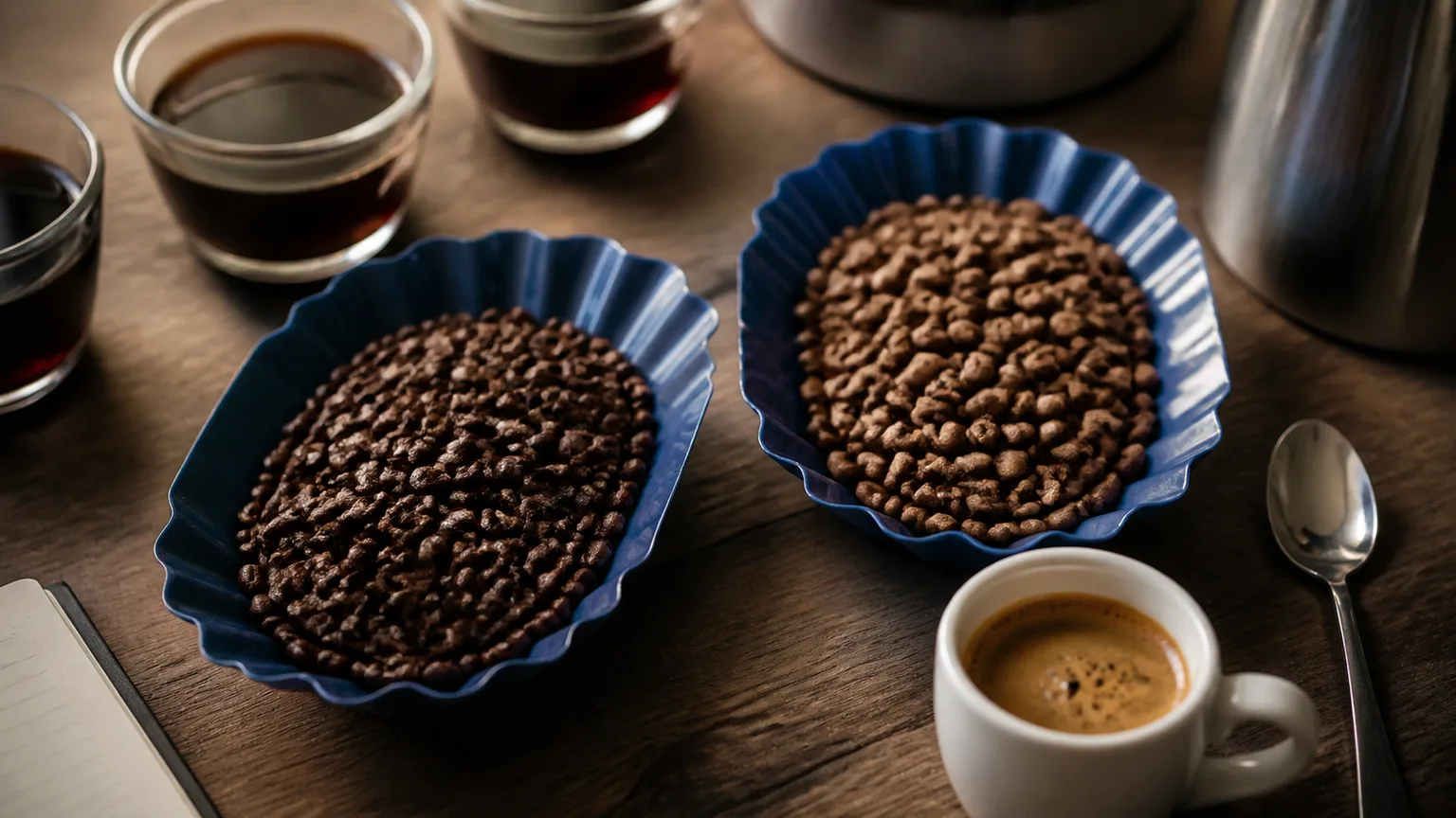 Duas taças com grãos de café diferentes sobre bancada clara de prova.