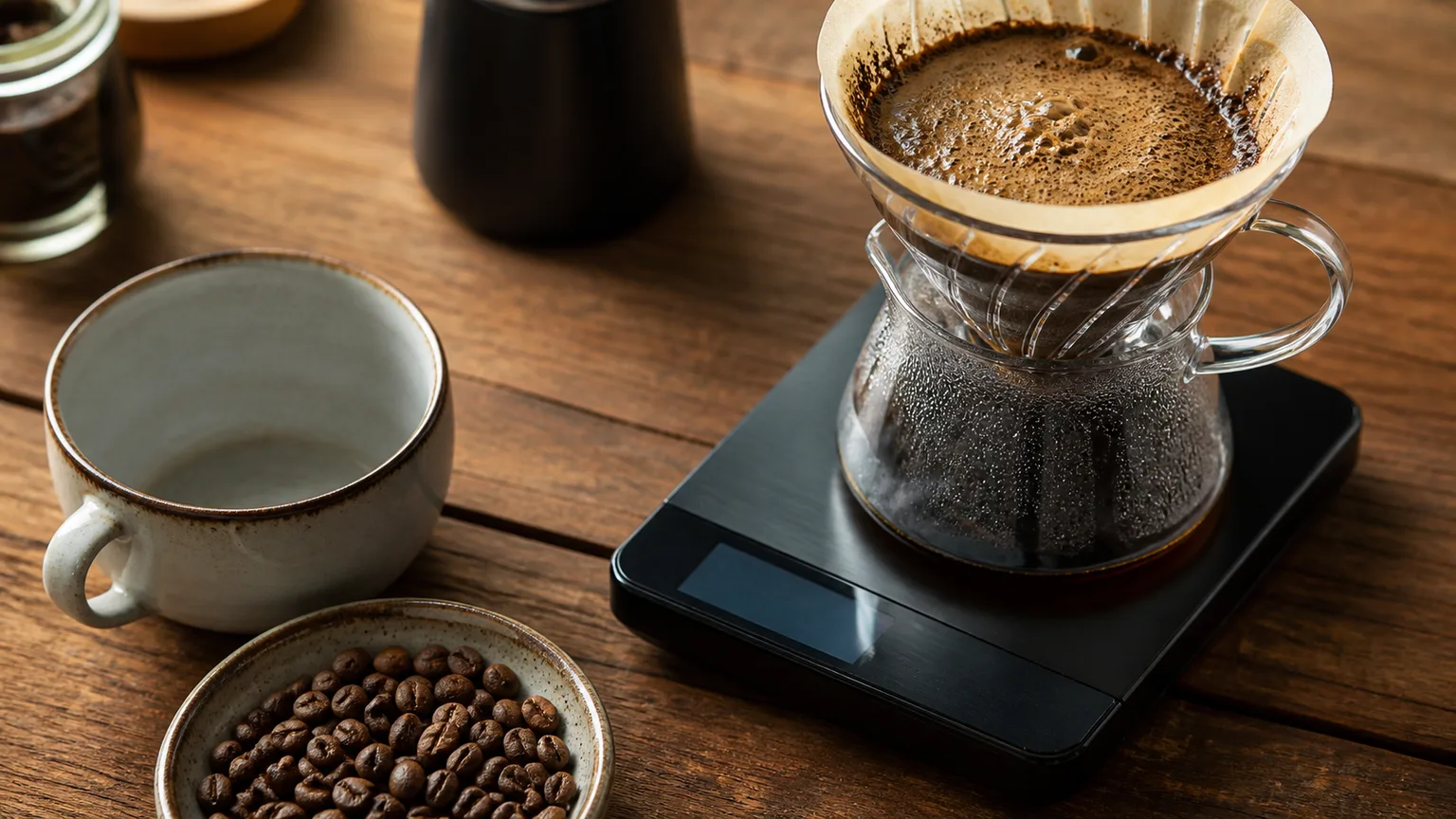 Balança de café com chávena e dripper sobre bancada clara.