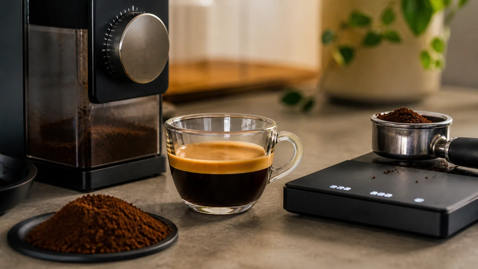 Moinho, balança e chávena usados para analisar uma extração de café.