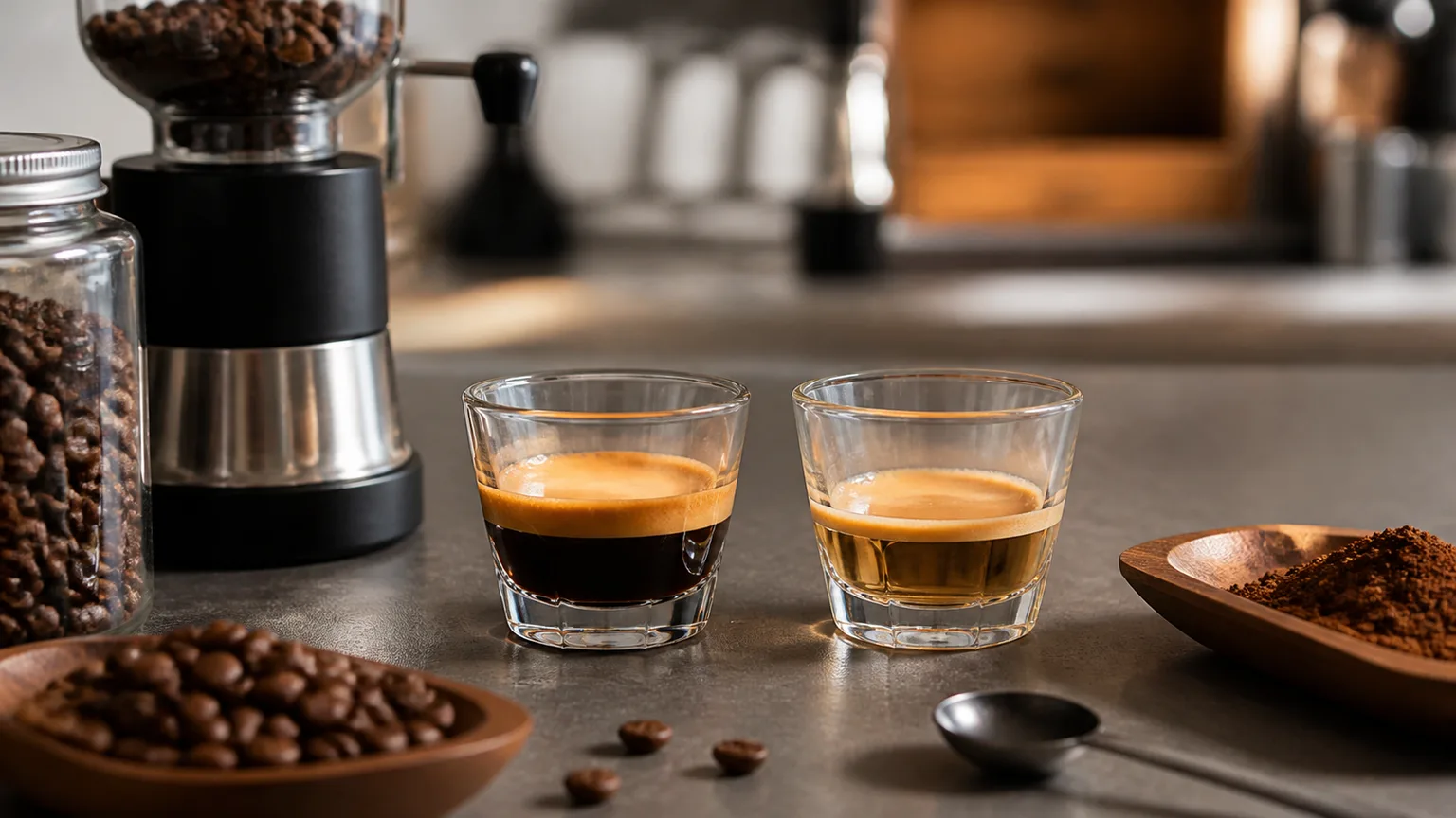 Duas chávenas de café com grãos e moinho, preparadas para comparar sabor.