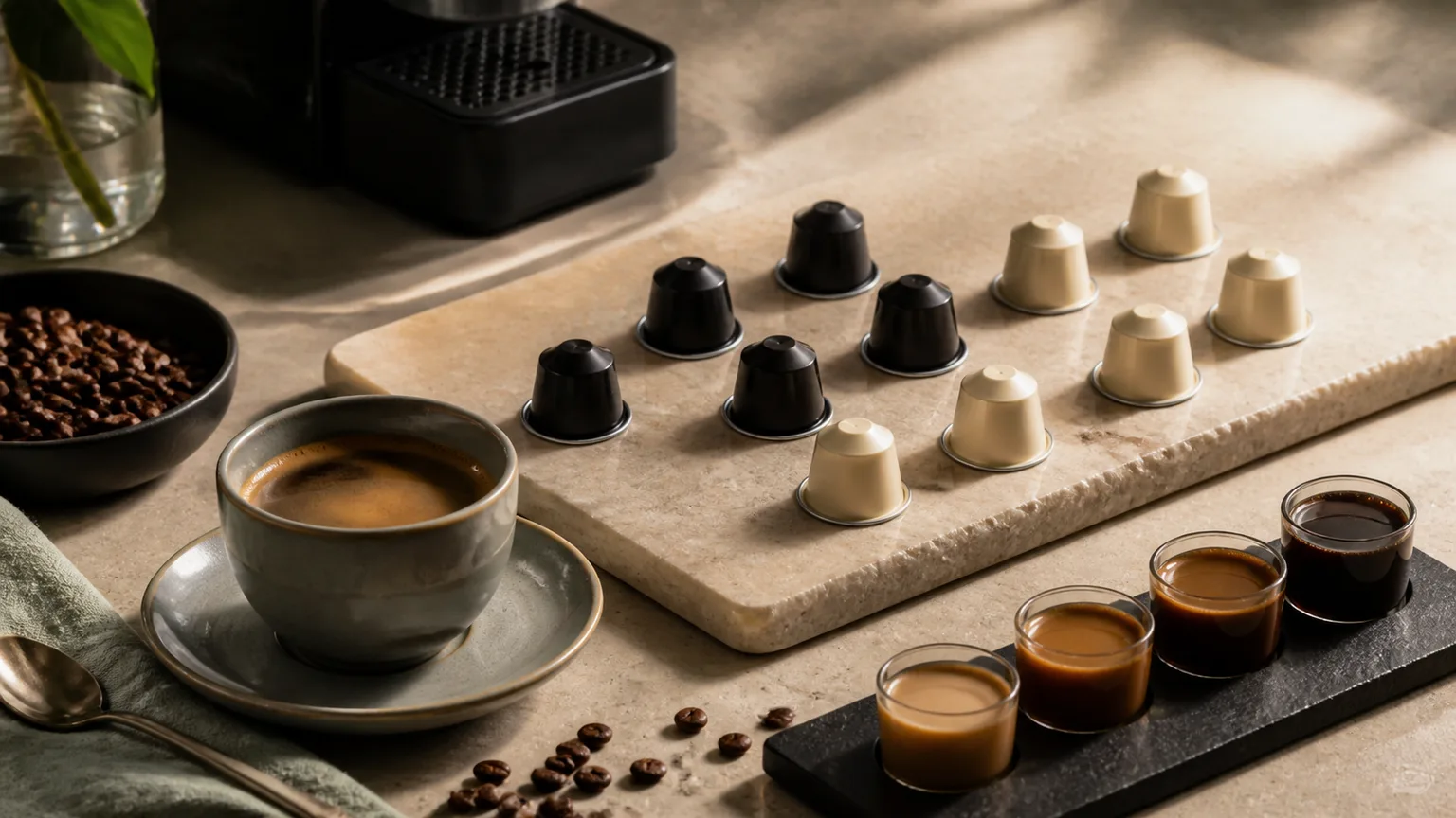 Cápsulas de café em tons quentes junto a chávena de espresso, sem marcas visíveis.