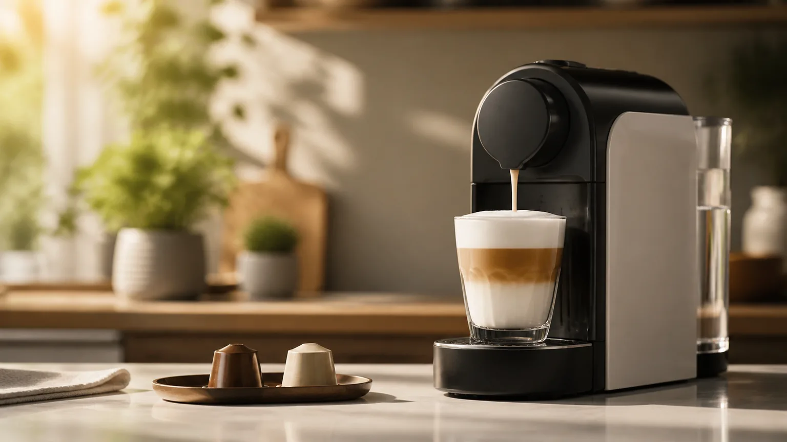 Bebida de café com leite, máquina de cápsulas e cápsulas sem marca numa bancada.