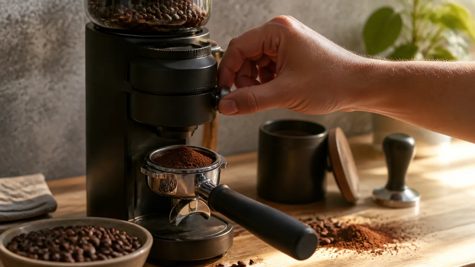 Moinho de café, portafiltro, balança e grãos numa bancada de preparação.