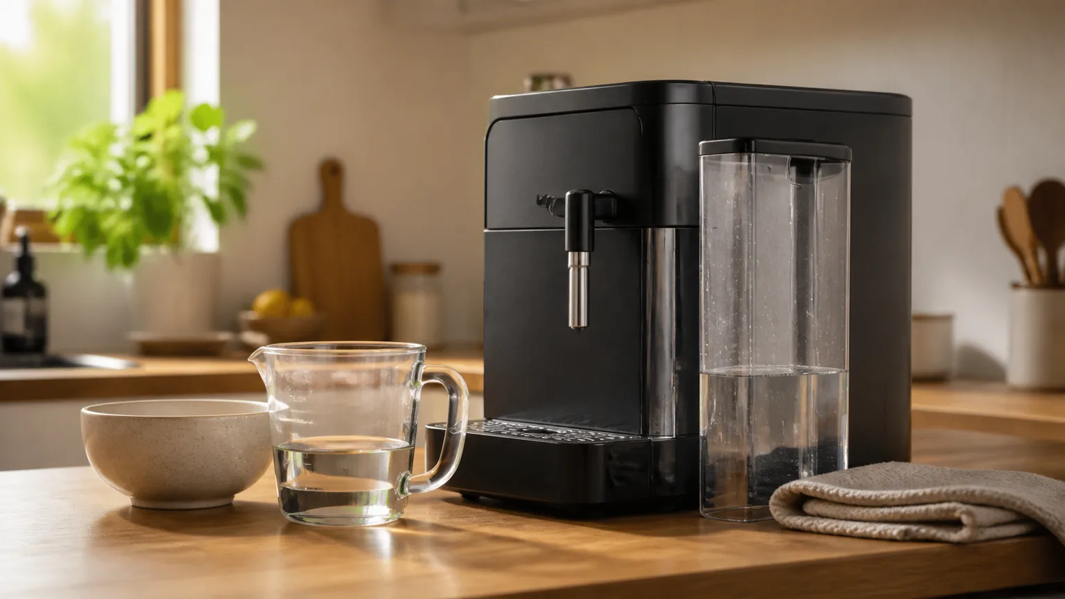 Máquina de café, depósito de água e recipiente de enxaguamento numa bancada.