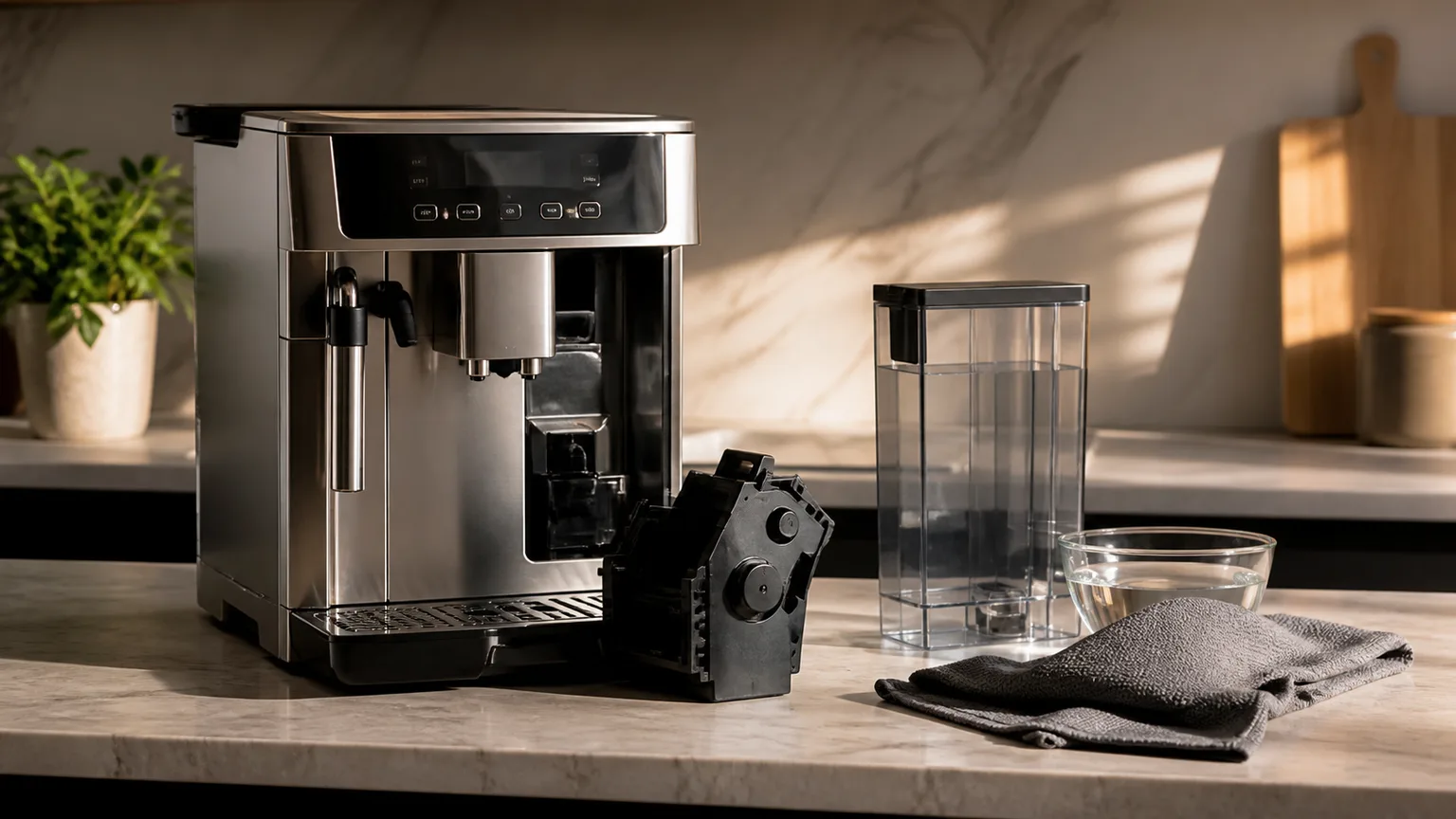 Máquina de café, produto de manutenção e chávena numa bancada clara.