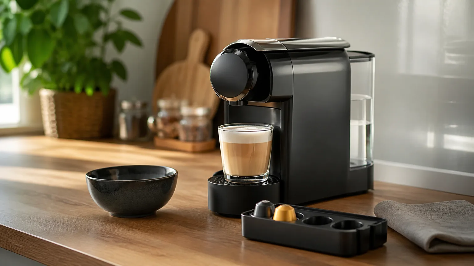 Máquina de cápsulas compacta com chávena e produto de manutenção.