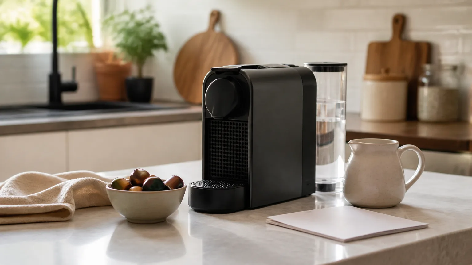 Máquina de café compacta, depósito de água e produto de manutenção.