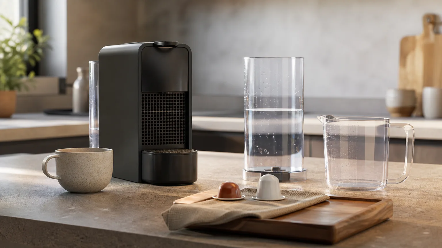 Máquina de cápsulas, chávena e produto de manutenção numa bancada.
