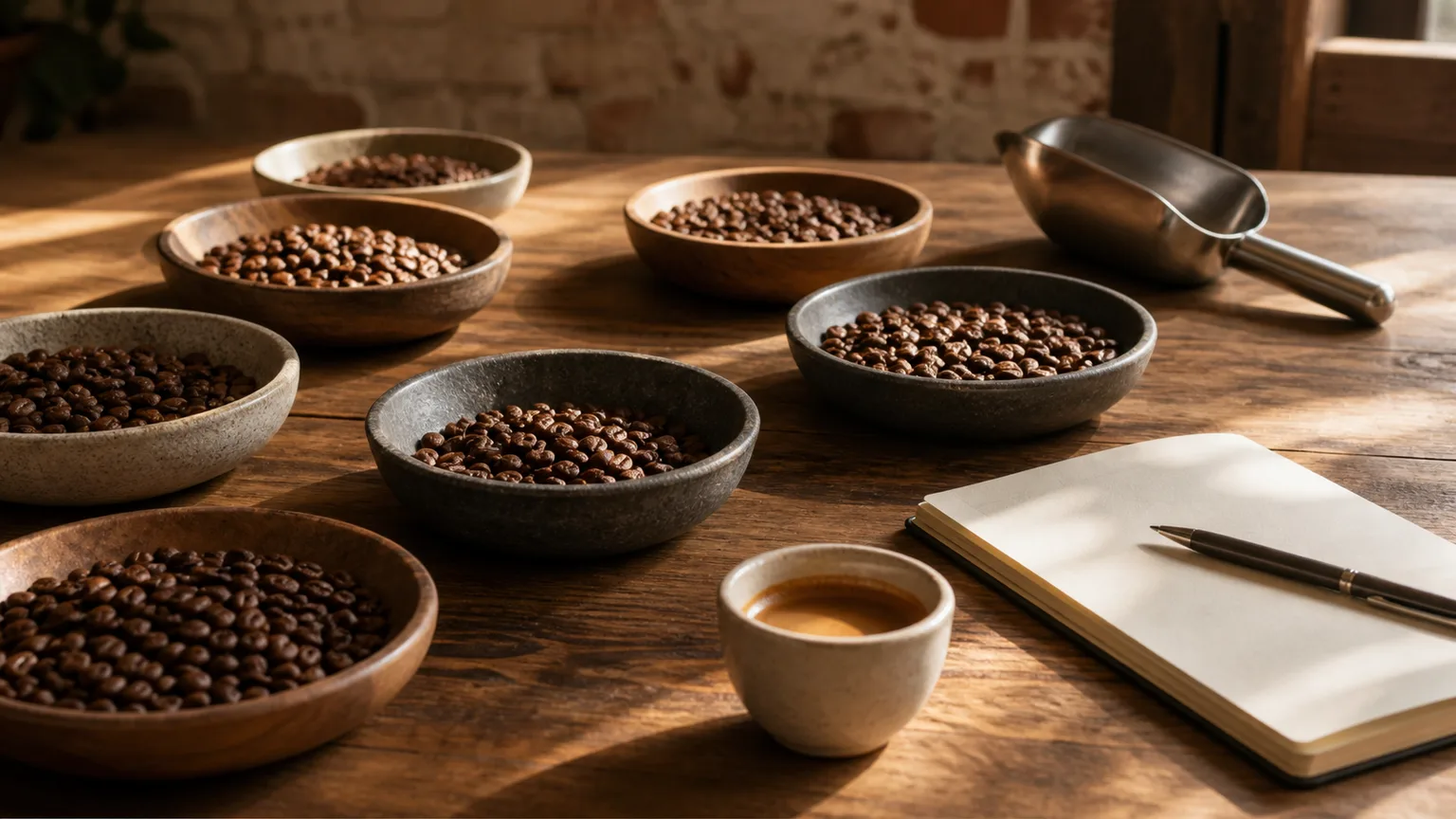 Taças com grãos de café de diferentes torras junto a uma chávena de espresso.