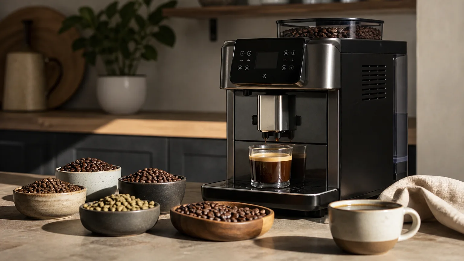 Grãos de café junto ao depósito de uma máquina automática numa cozinha clara.