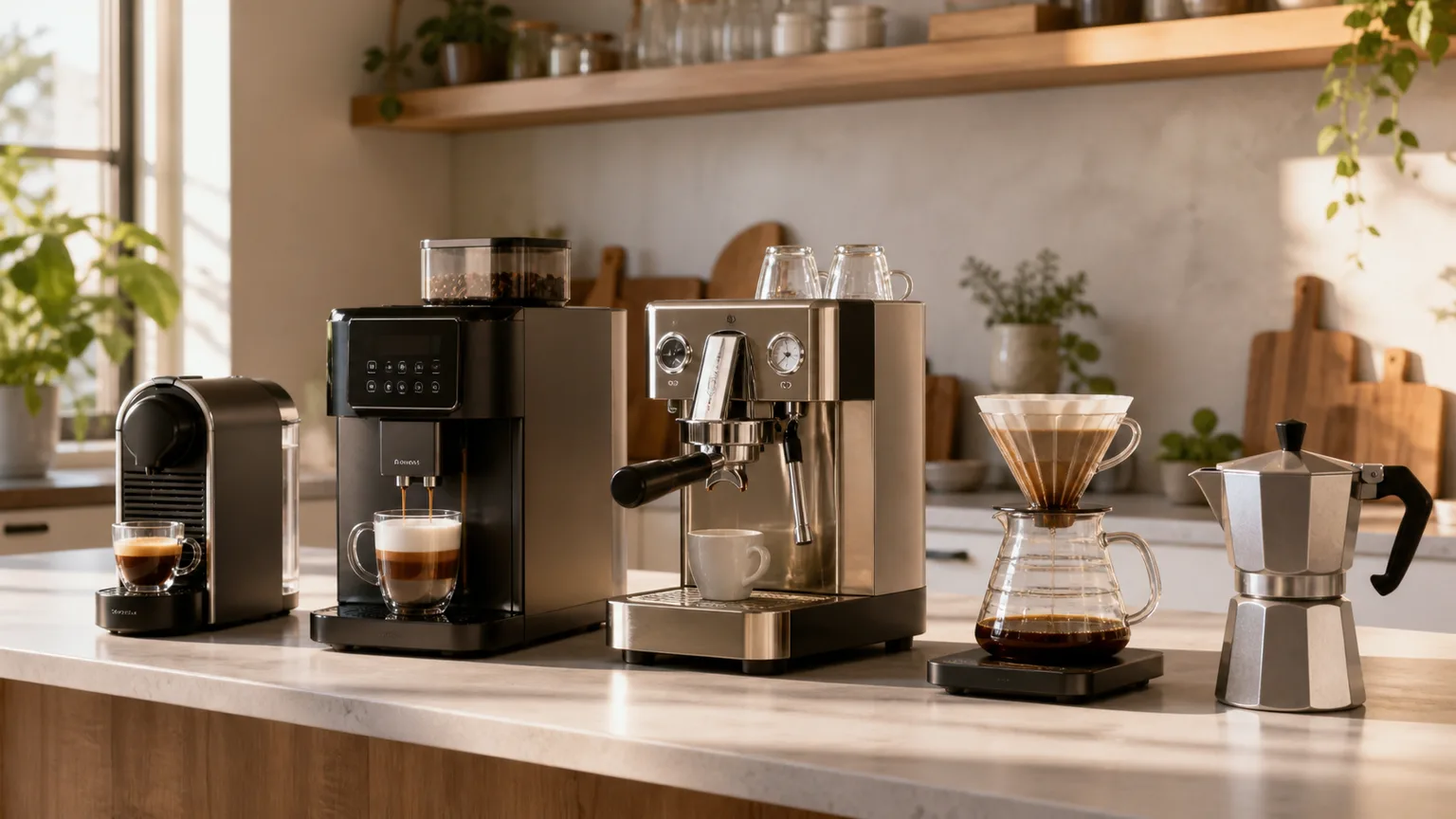 Cinco métodos de preparação de café organizados numa bancada de cozinha luminosa.