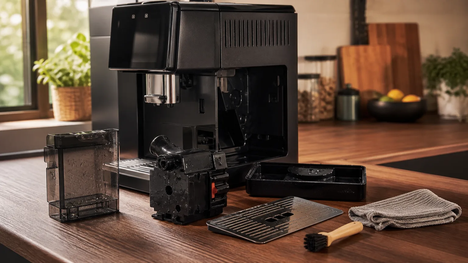 Peças removíveis de uma máquina automática com escova, pano e produto de limpeza.
