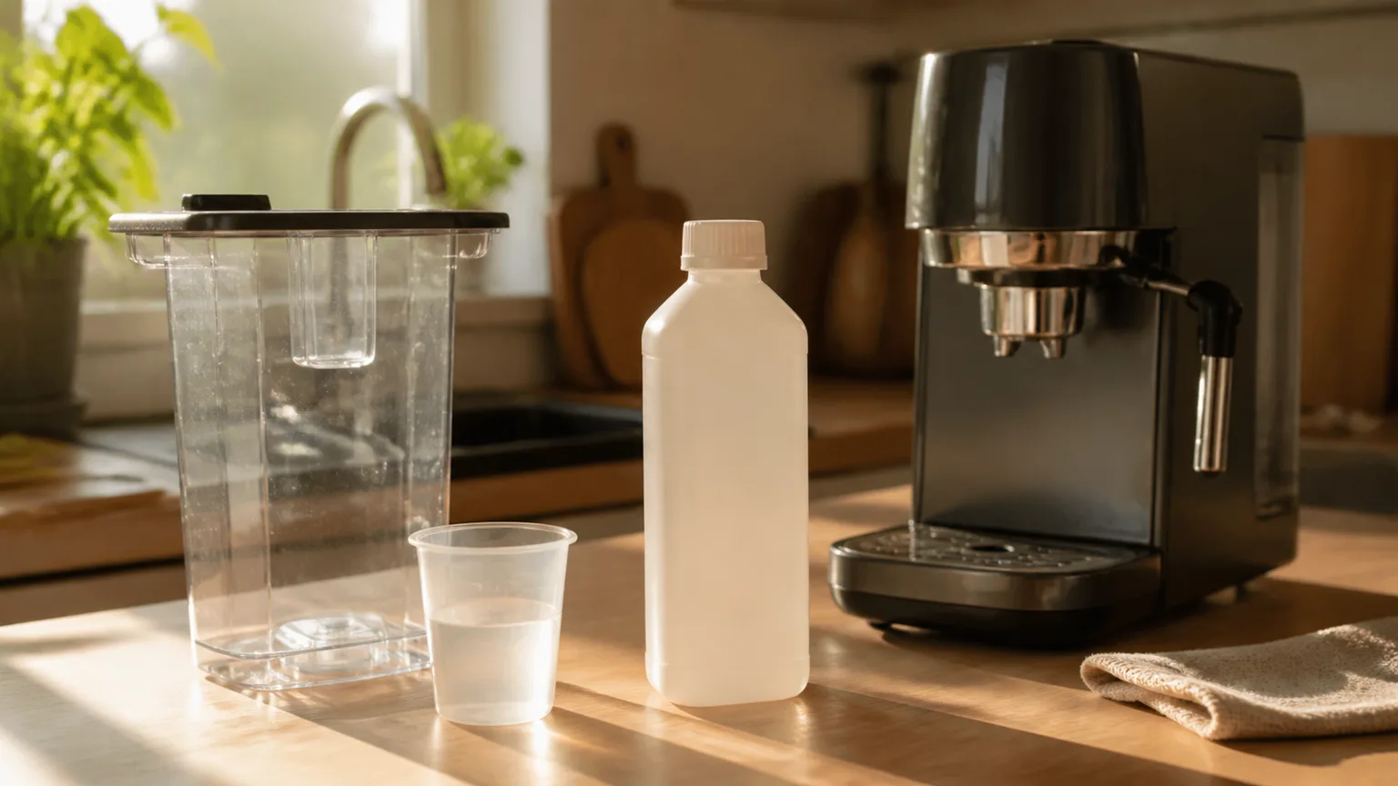 Produto de manutenção, depósito de água e chávena junto a uma máquina de café.