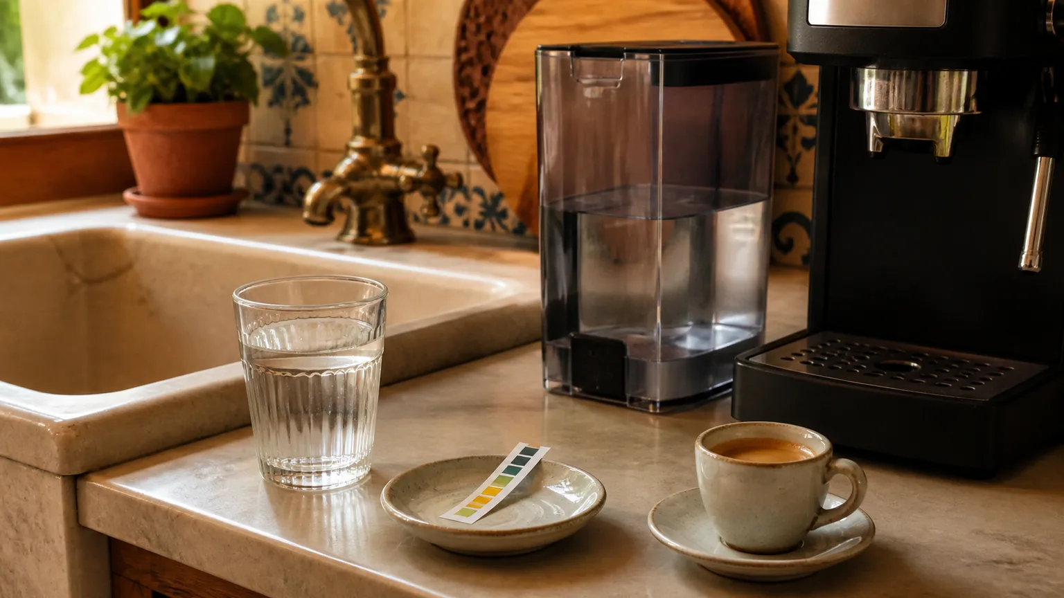 Copo de água, jarro e chávena de café numa bancada clara.