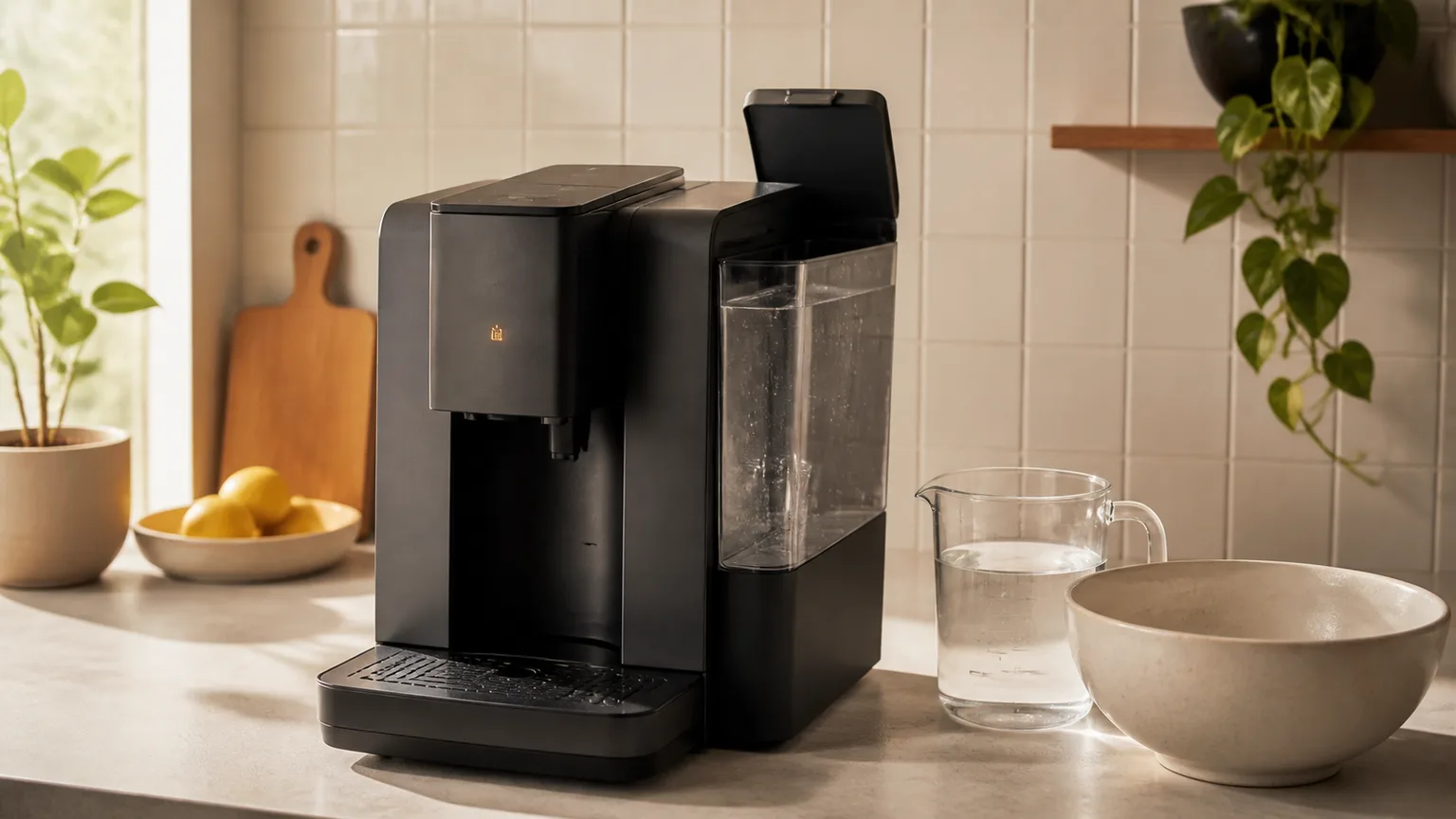 Máquina de café, depósito de água e produto de manutenção numa bancada.