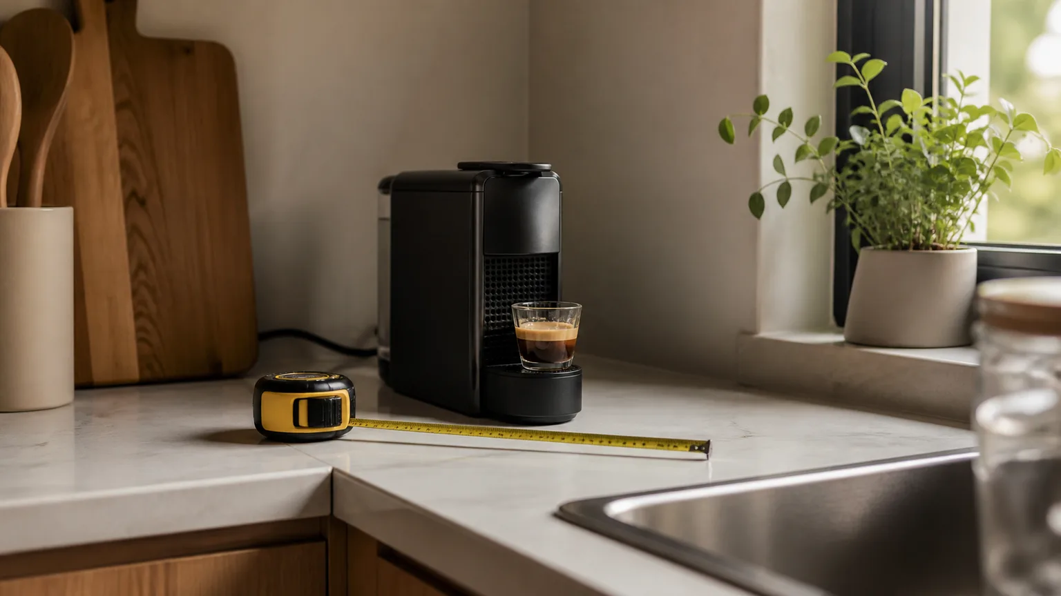 Cozinha pequena com máquina de café compacta, chávena e poucos acessórios.