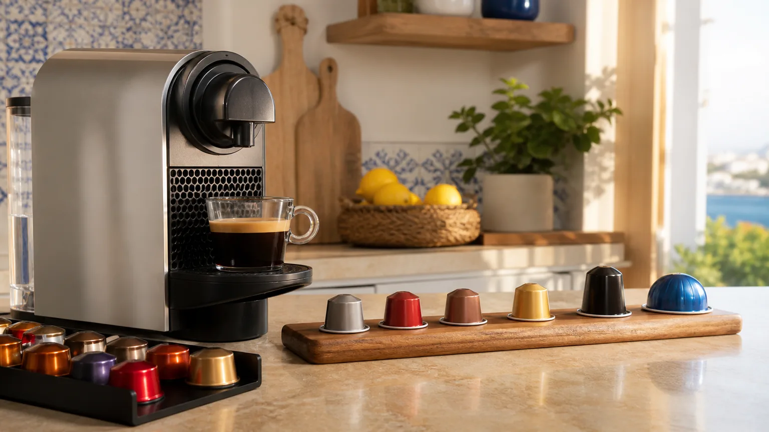 Máquina de cápsulas, cápsulas sem marca e chávena de espresso numa cozinha luminosa.