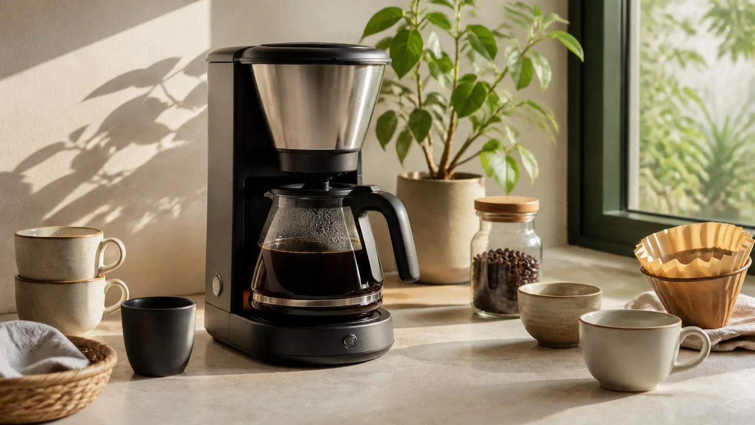 Café de filtro, jarro e chávena numa bancada clara.