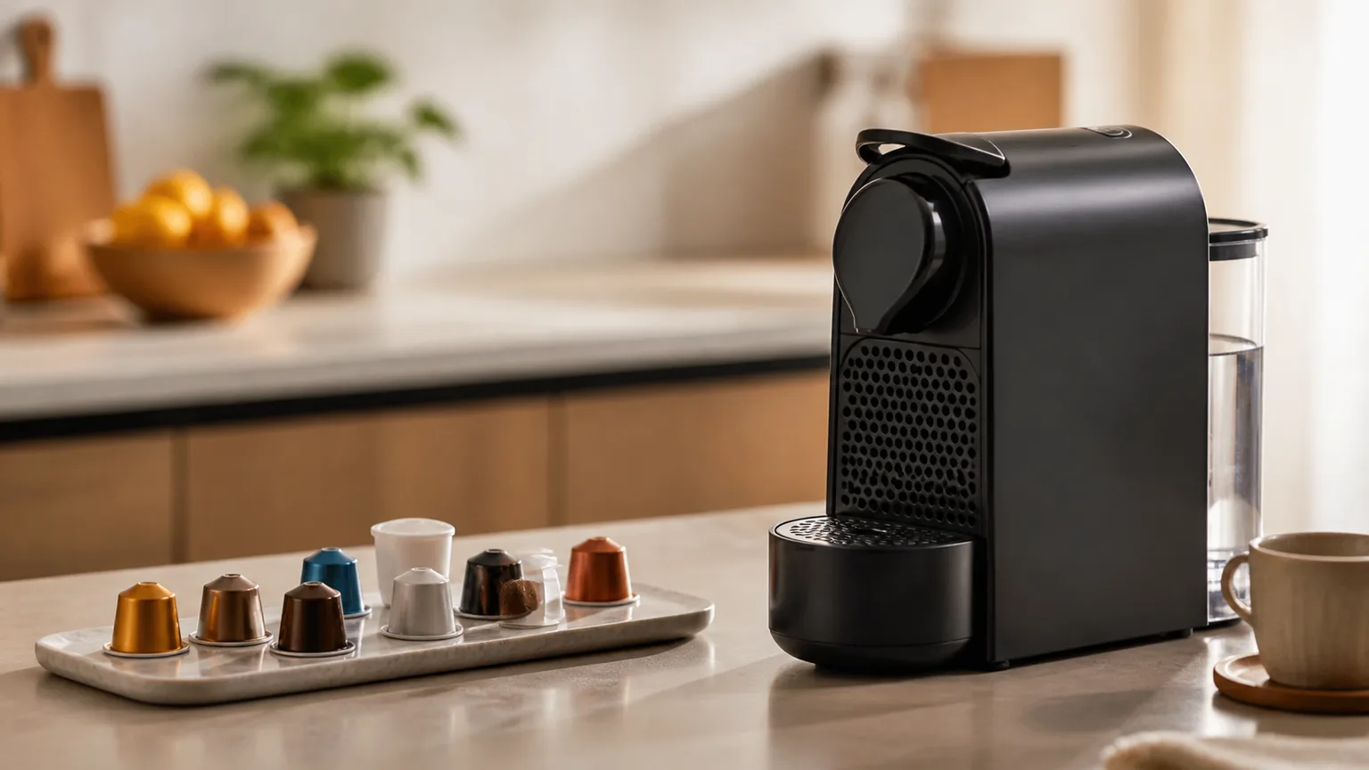 Máquina de cápsulas, chávena de café descafeinado e cápsulas de tons diferentes.