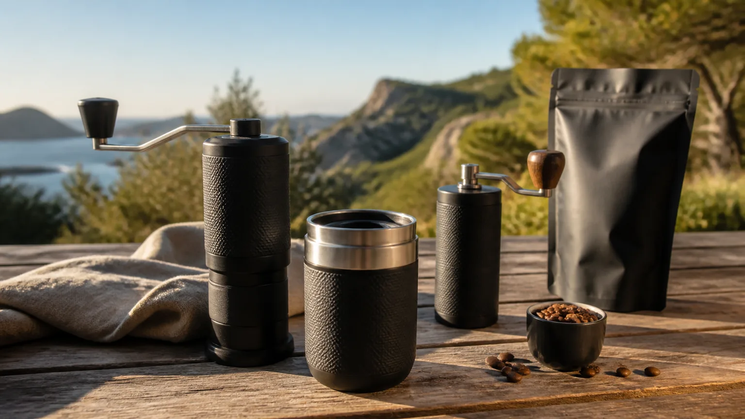 Kit de café portátil com máquina de viagem, caneca e acessórios numa mesa exterior.