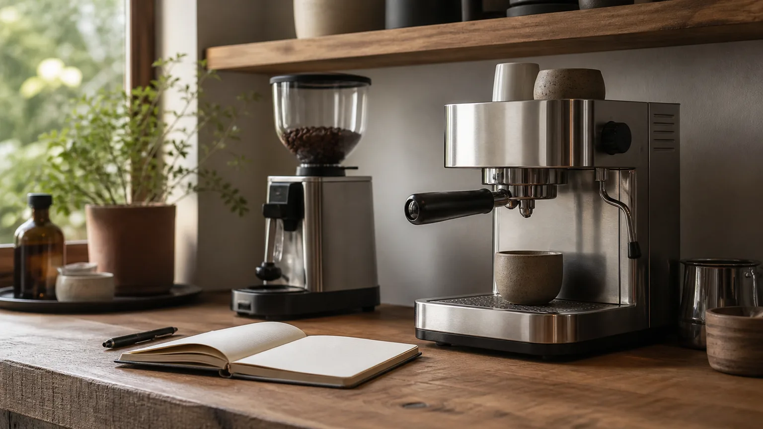 Portafiltro, chávena e moinho num setup de aprendizagem de espresso em casa.