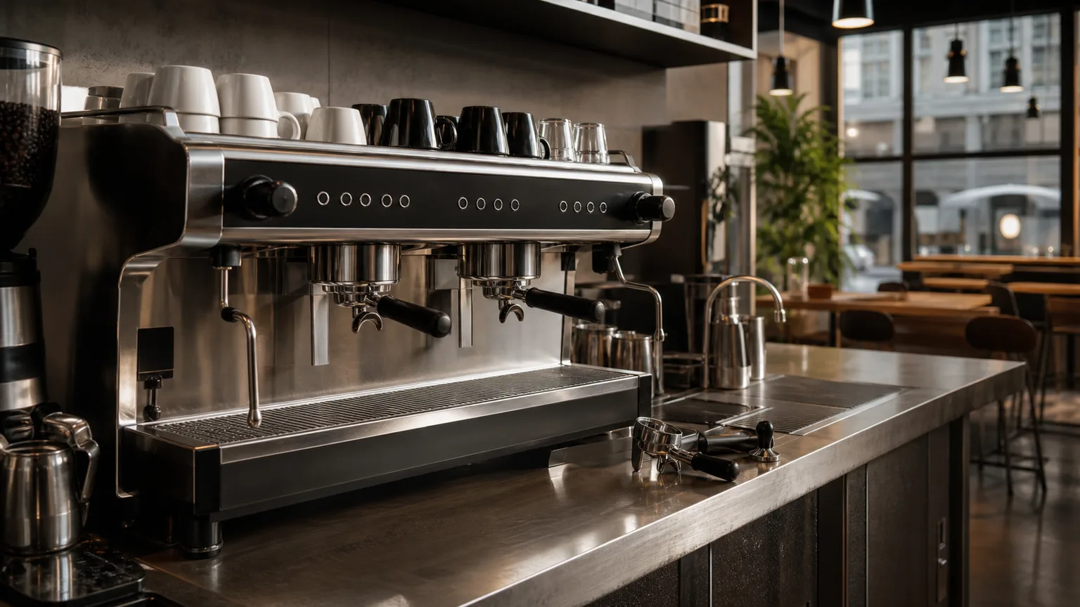 Estação de café de uso profissional com máquina automática, chávenas e grãos.