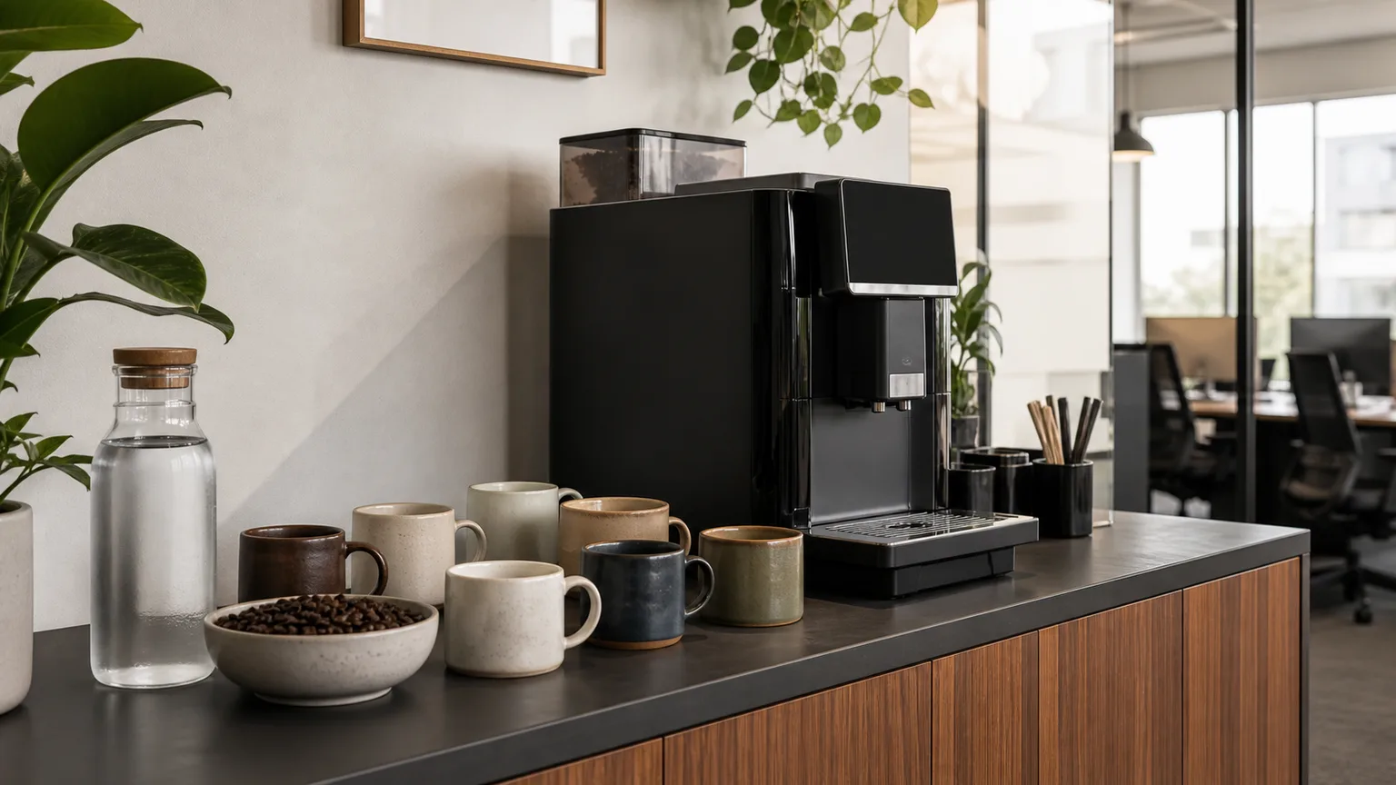 Estação de café com máquina automática, grãos e chávenas numa cozinha de escritório.
