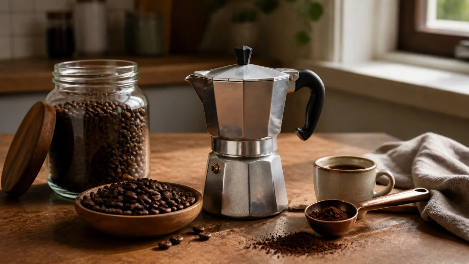 Cafeteira italiana com chávena pequena e grãos de torra média escura.