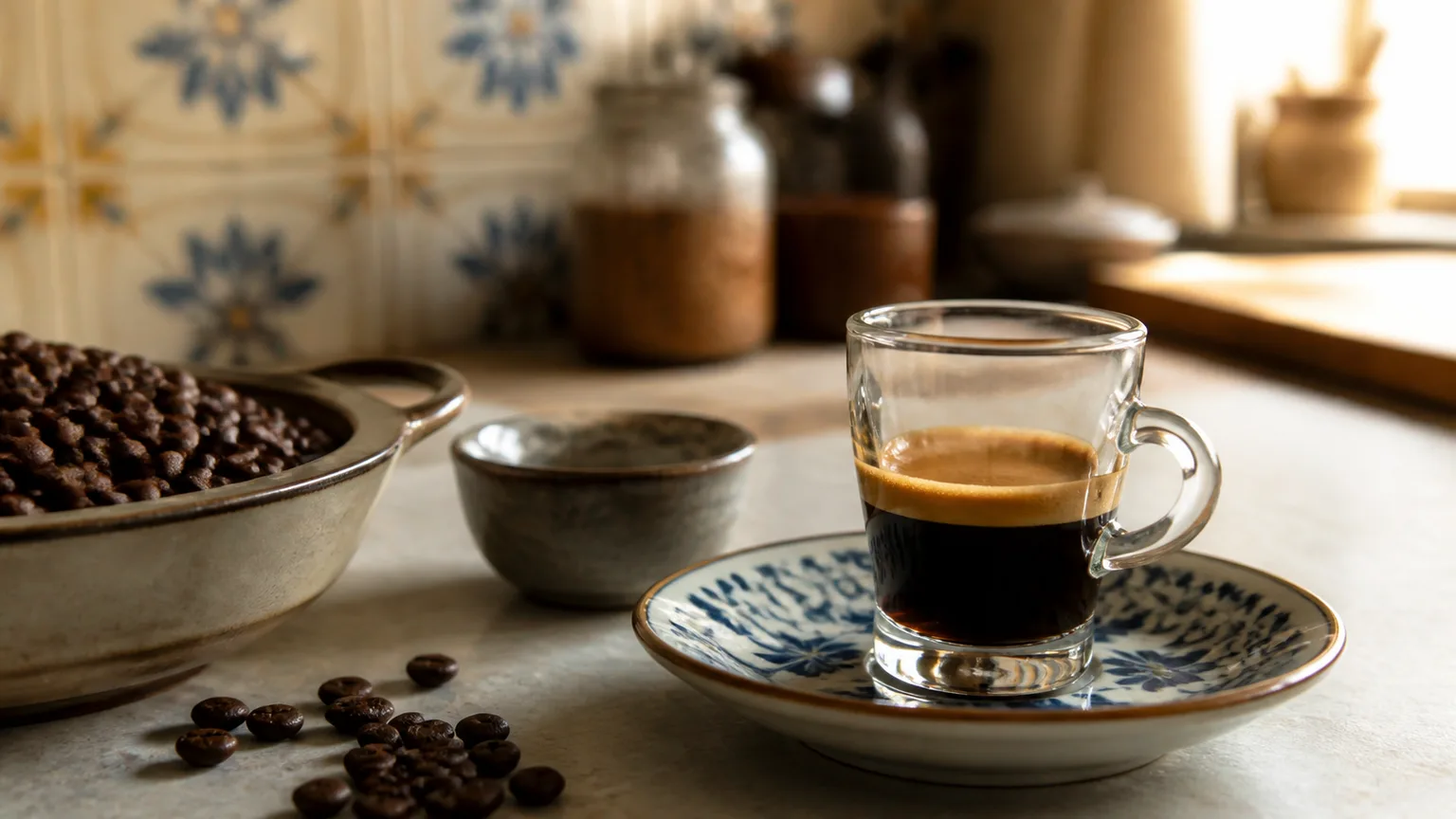 Chávena de espresso com grãos de café sobre azulejo português em tons quentes.