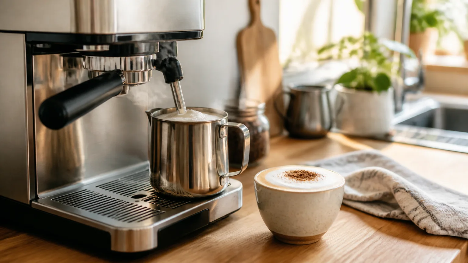 Cappuccino numa chávena clara com jarra de leite e máquina de café ao fundo.