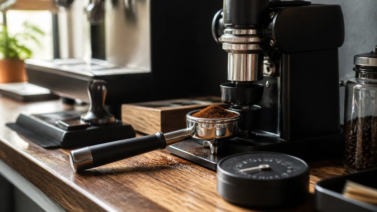 Moinho de café, portafiltro e grãos numa bancada escura de barista.