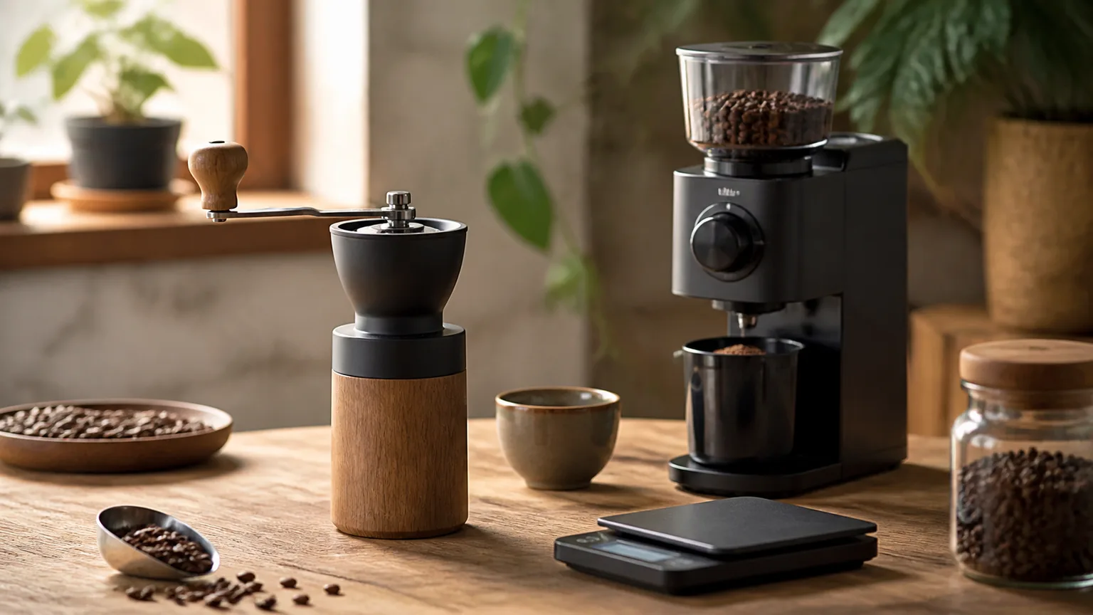 Moinhos de café, portafiltro e grãos numa bancada de preparação.