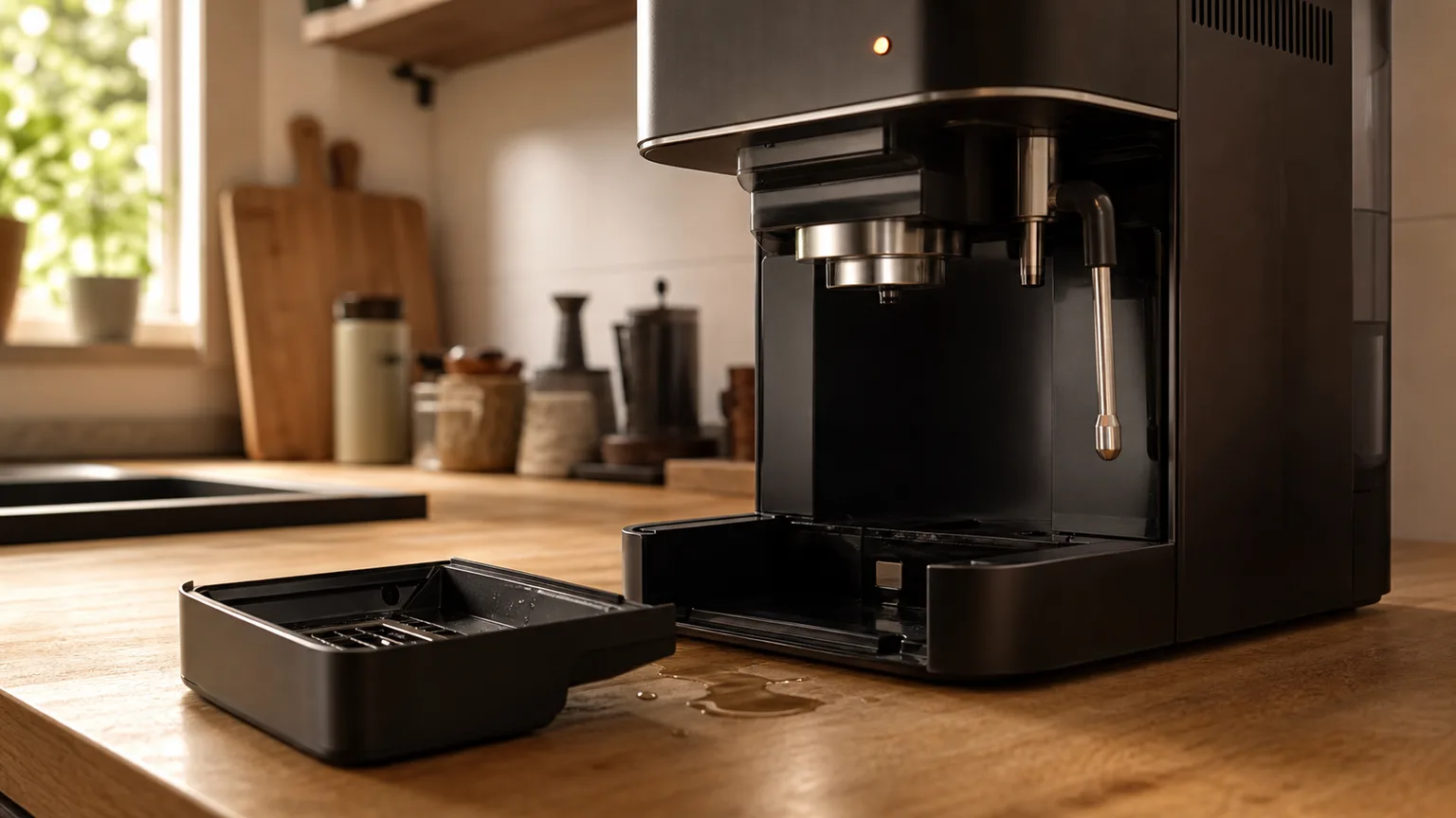 Máquina de café e peças removíveis organizadas numa bancada para diagnóstico.