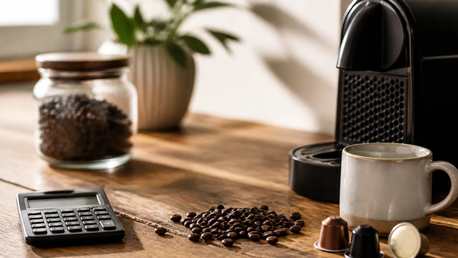 Máquina de café, grãos, cápsulas e calculadora numa bancada de casa.