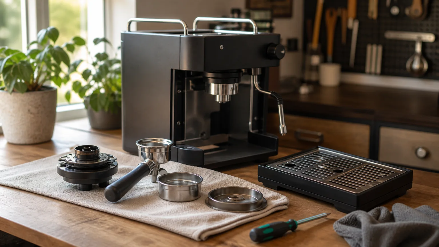 Máquina de café aberta para manutenção, peças removíveis e ferramentas numa bancada.