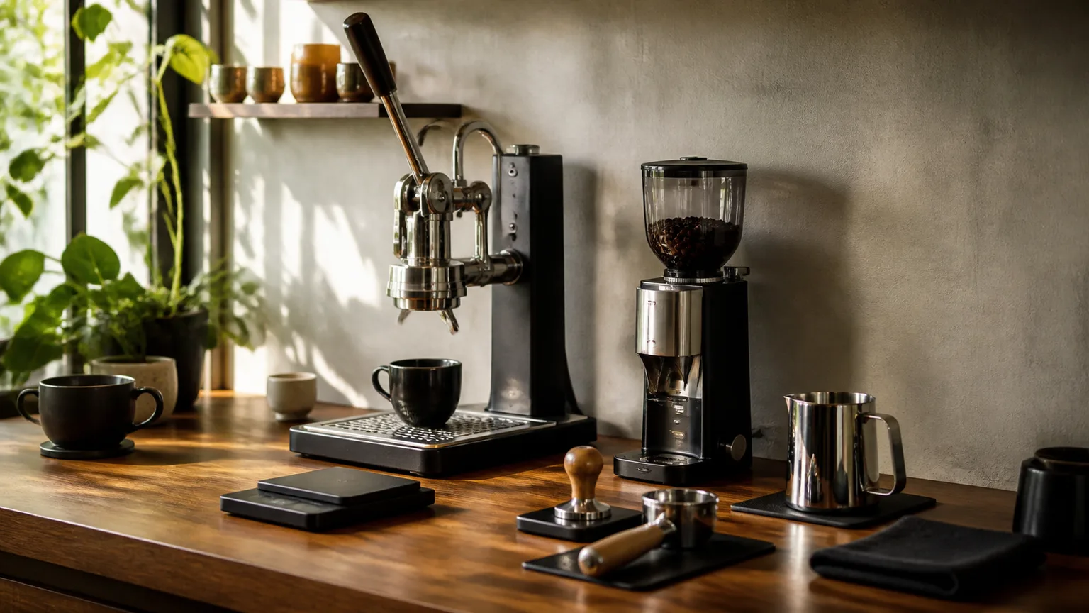 Setup barista doméstico com máquina espresso, moinho, portafiltro, balança e tamper.