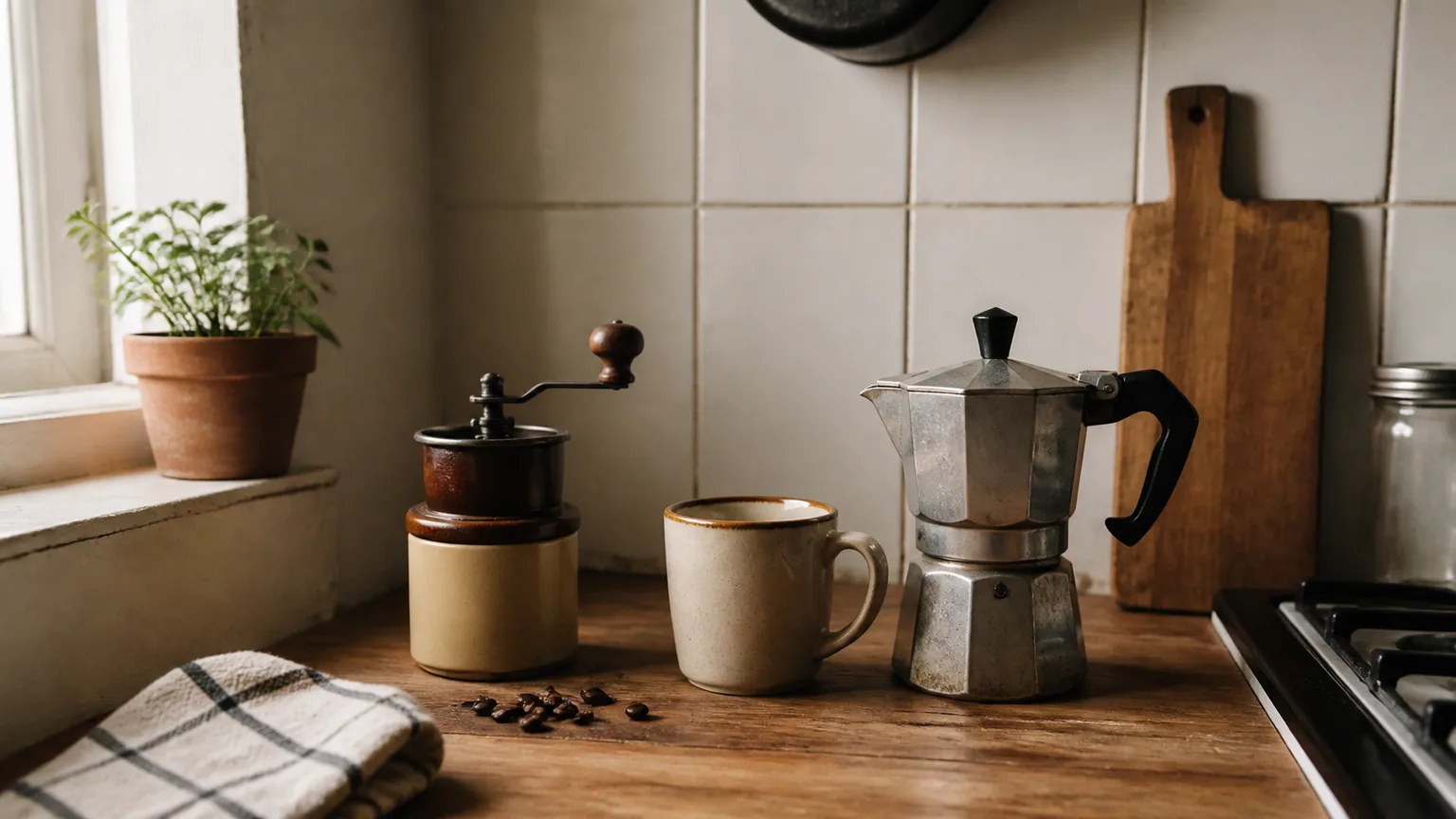 Setup compacto de café numa cozinha pequena com cafeteira, chávena e grãos.