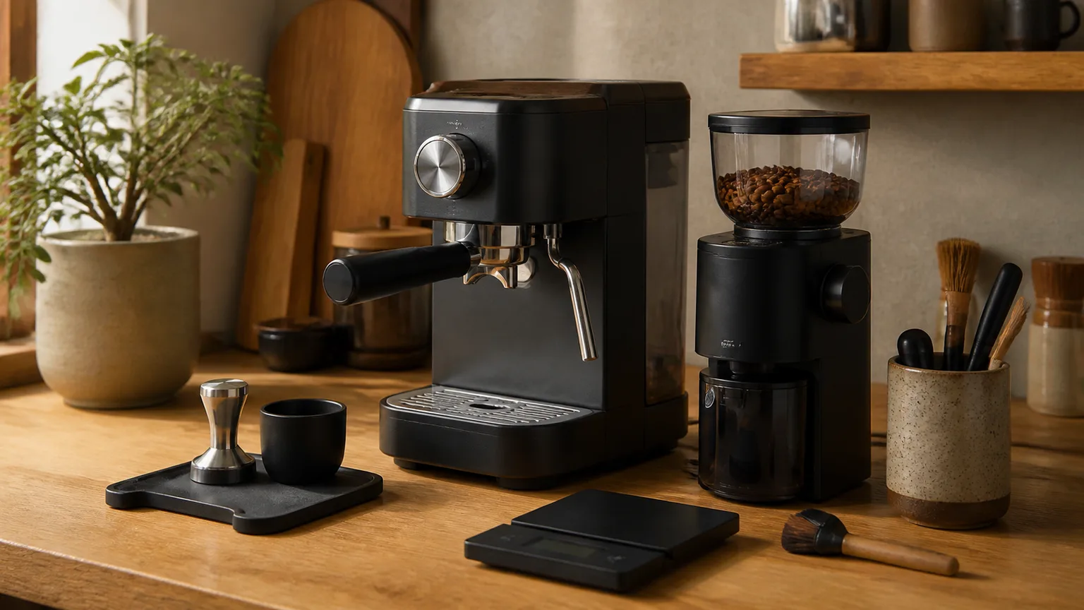 Setup de café em casa com máquina compacta, moinho, grãos e acessórios essenciais.