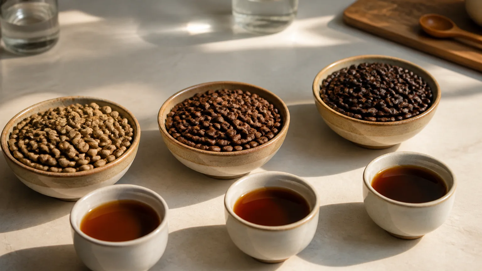 Três taças com grãos de café de torra clara, média e escura em fundo creme.