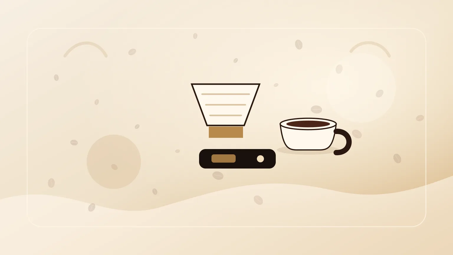 Balança de café com chávena e dripper sobre bancada clara.